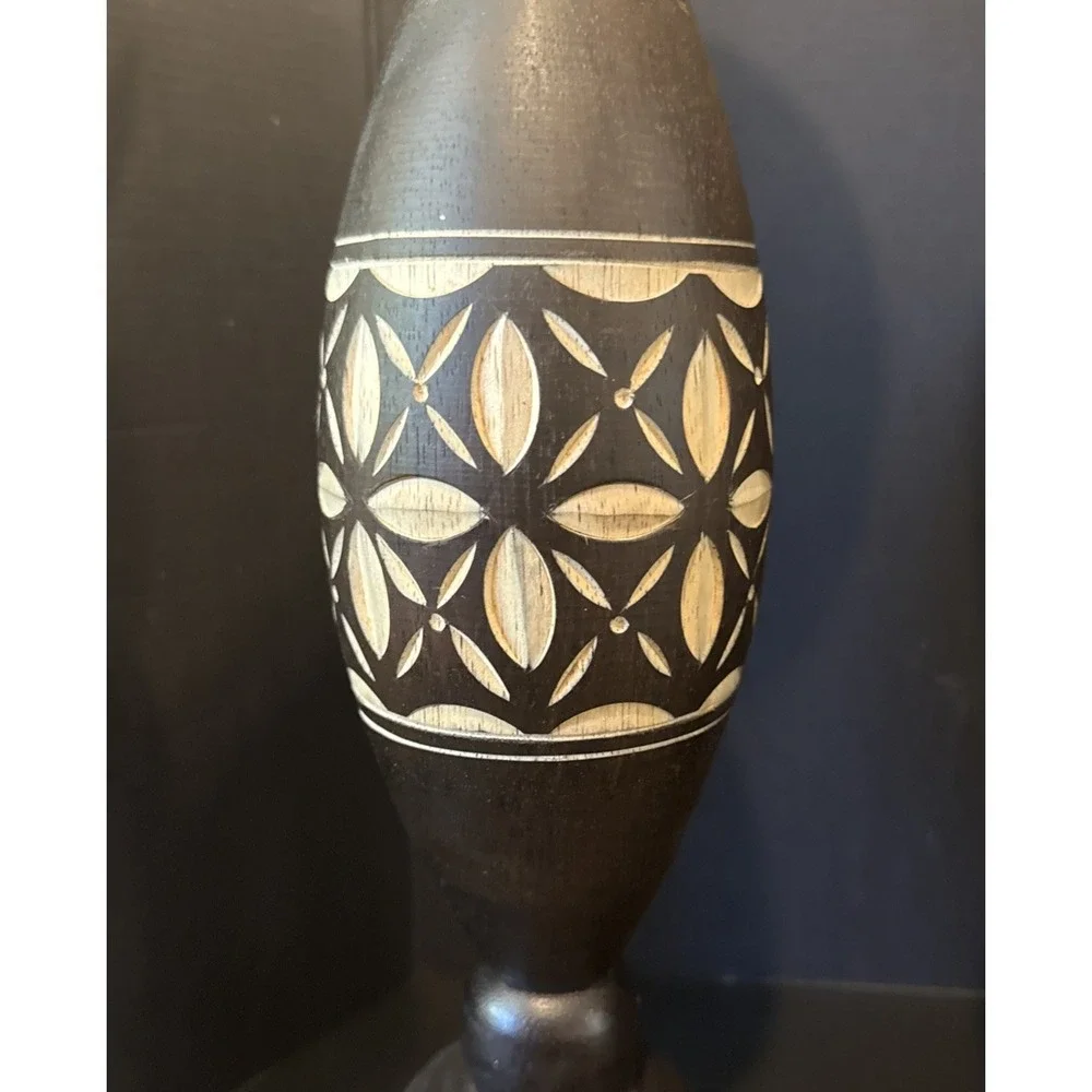 Pier 1 Dark‎ Brown Teak Wood Carved Pillar Candle Holder 16 Inch Tall Set Of 2